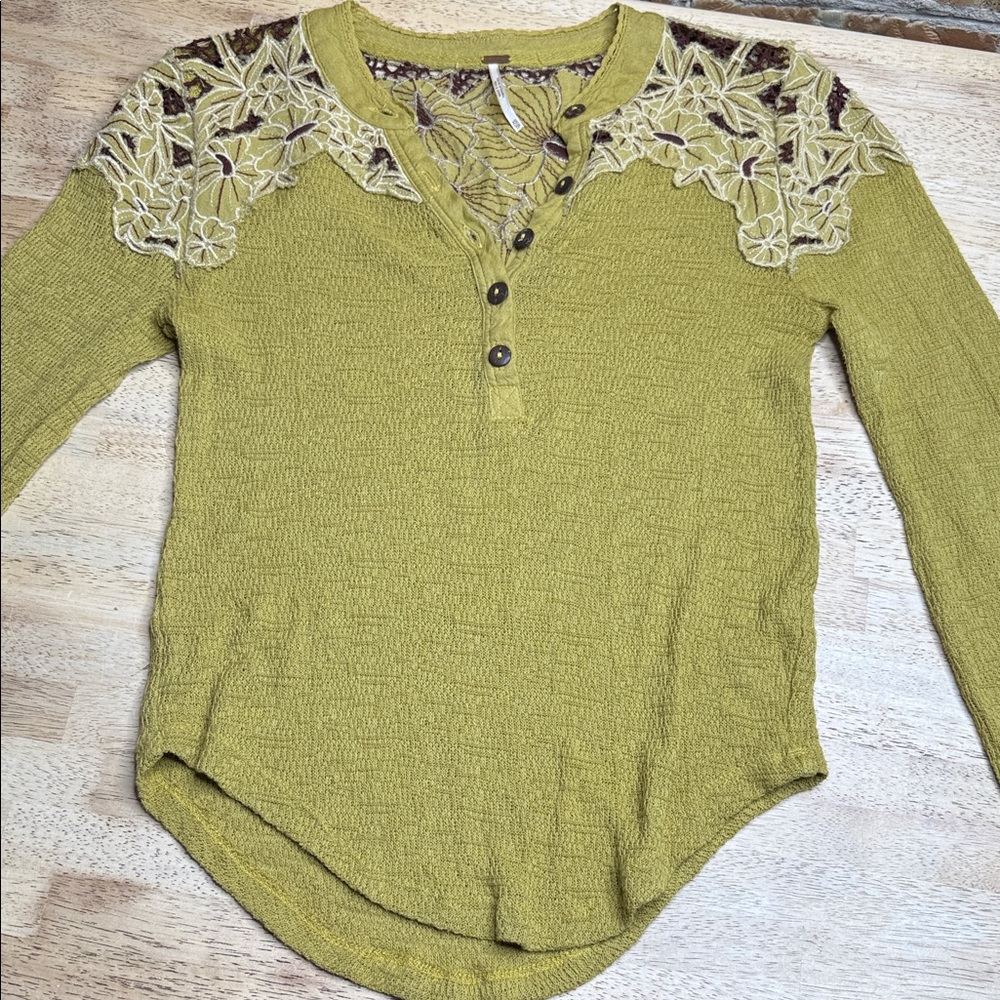 Free People Olive Lace Detail Blouse